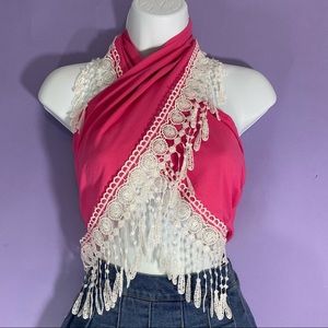 Pink Fringe Trim Halter Top